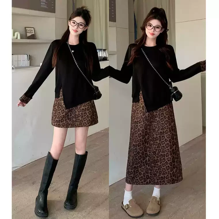 豹纹半身裙秋冬季2024年新款高腰后开叉遮胯显瘦百搭a字中长款