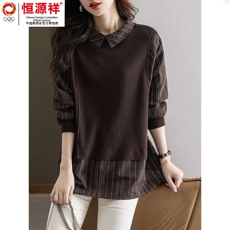 恒源祥集团彩羊春秋长袖女2023秋季新款宽松时尚拼接POLO领休闲针