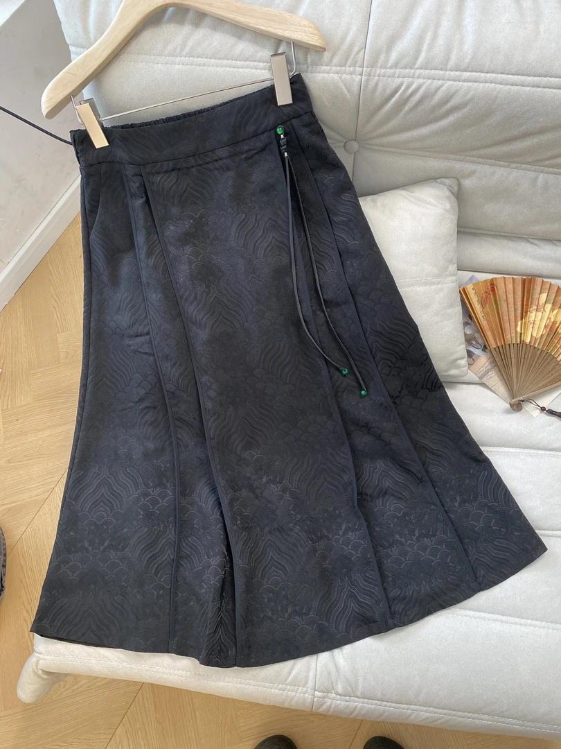 海浪--中式气质时尚百搭显瘦半身裙黑色宽松女装半身裙