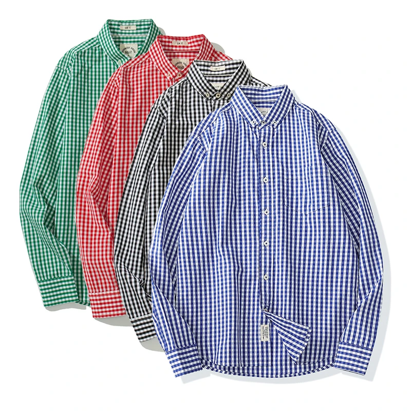 巴司司格子男衬衫纯棉长袖休闲港风修身男士方格衬衣打底百搭