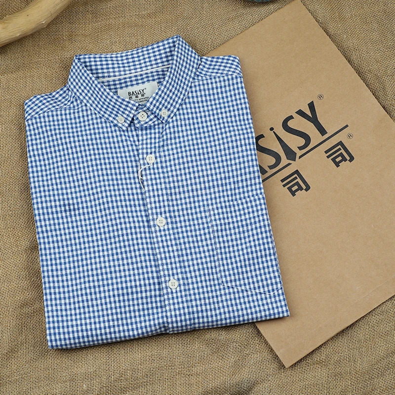 牛津深蓝格衬衫男长袖纯棉牛津纺百搭休闲朝阳方格蓝色格衬衣211