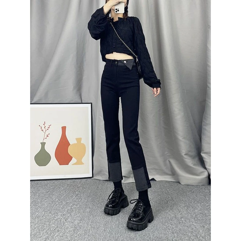 高腰直筒牛仔裤子女秋冬2023年新款黑色显瘦加绒设计感拼接烟管裤