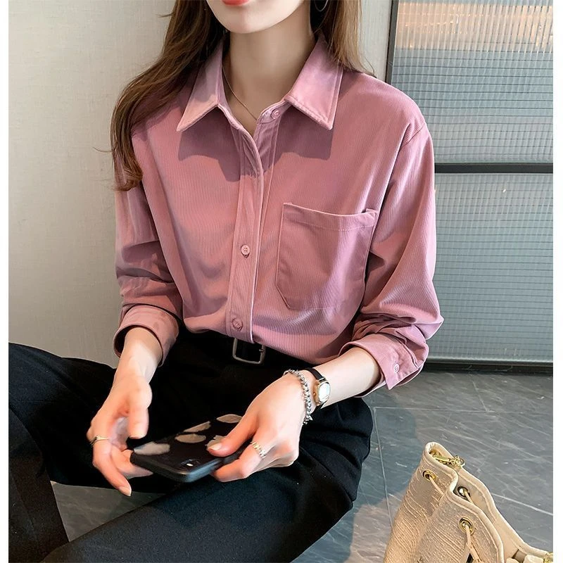 加厚暖色绒衬衫女秋冬新款小众长袖通勤上衣显瘦百搭叠穿衬衣