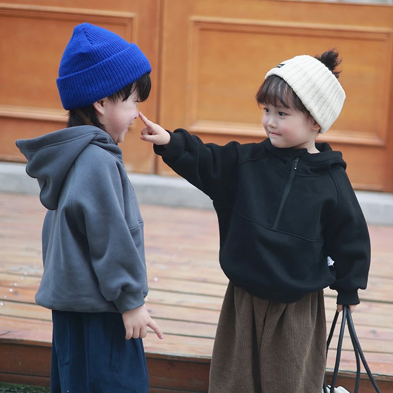 连帽卫衣男童加绒春秋摇粒绒幼儿儿童女宝半拉链套头小童薄绒洋气