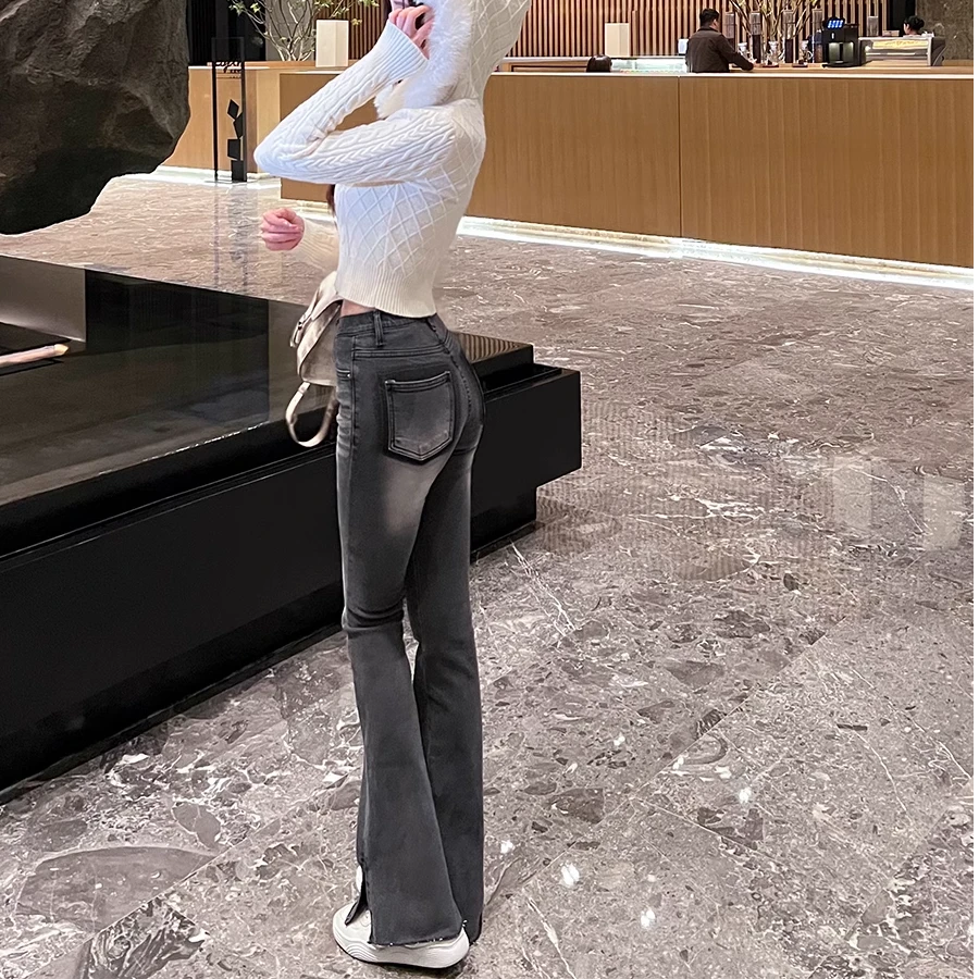 【PH2403551 爆炸美定制烟灰色磨白小众显瘦显比例高腰牛仔喇叭裤