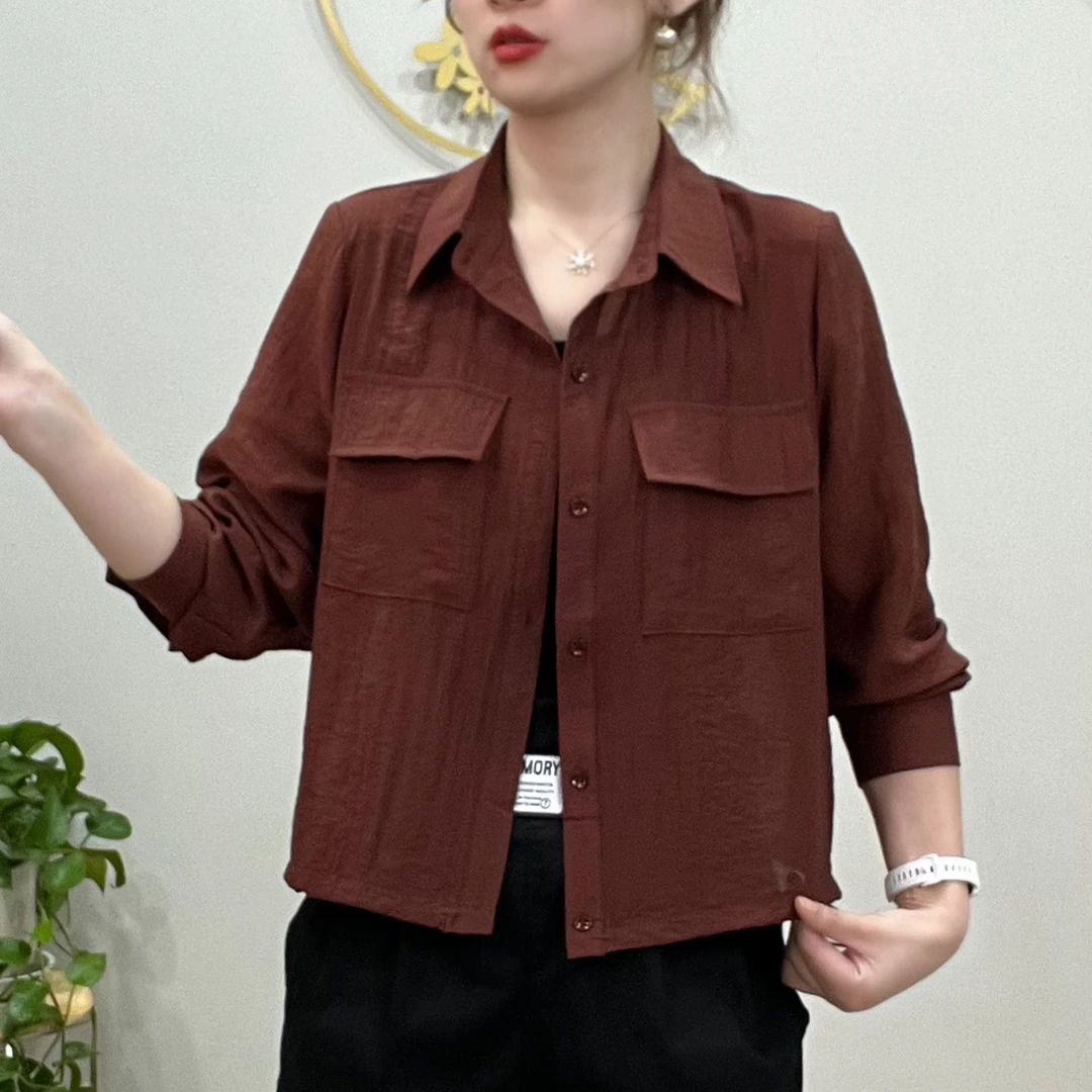 单排扣抽绳衬衫女秋季2024衬衣设计感纯色百搭简约短款时尚上衣女