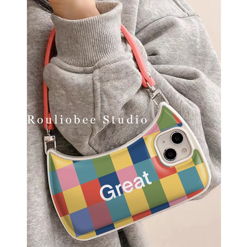彩棋盘手提包粉皮带iphone14手机壳13苹果12proma女11软xs/xr潮78