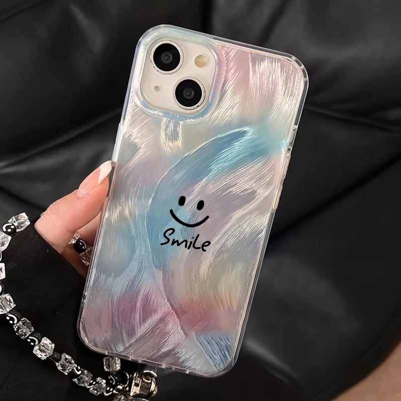 渐变色笑脸羽纱壳适用苹果15手机壳iPhone13/14promax新款12/11软