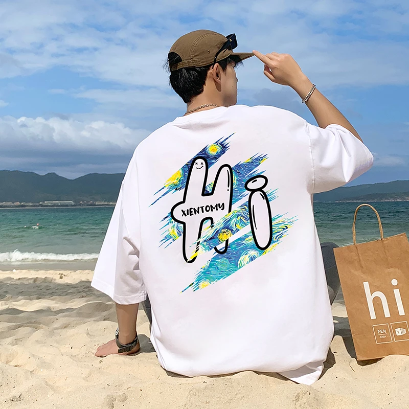 青少年学生春夏2025新款重磅纯棉字母卡通印花短袖T恤男大码夏季