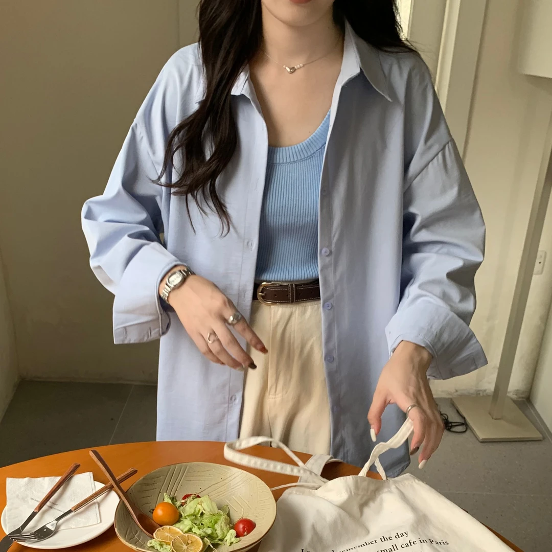 韩版时尚百搭抗皱宽松衬衫外套不易皱衬衣20209 (不是两件套）
