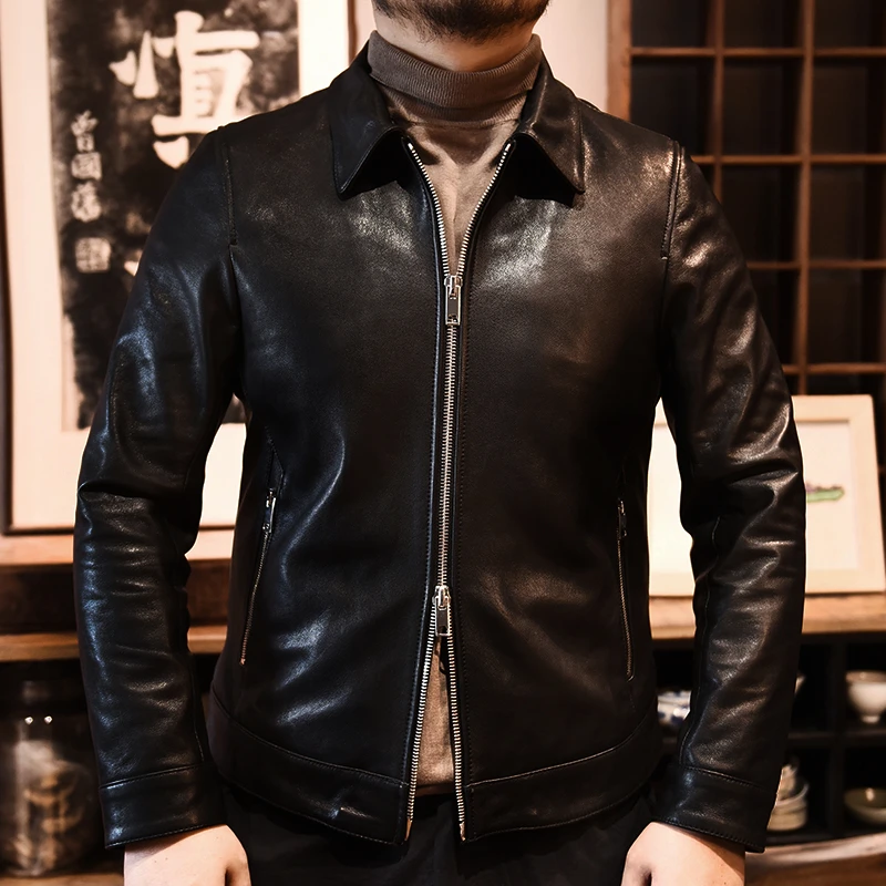 头层山羊皮 pks5019 翻领修身夹克休闲商务百搭时尚