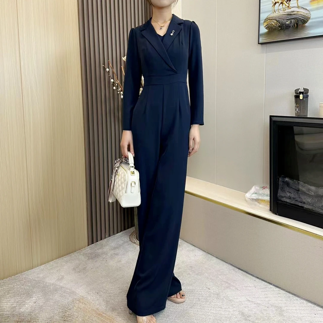 妃月新款蓝色西装领女装连体裤显瘦时尚百搭阔腿气质休闲长袖