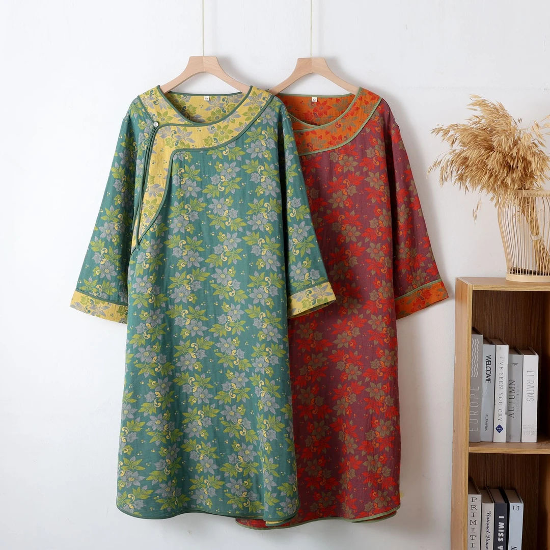 居家国风睡裙女士纯棉纱布春秋夏季宽松中式显瘦家居中长款连衣裙