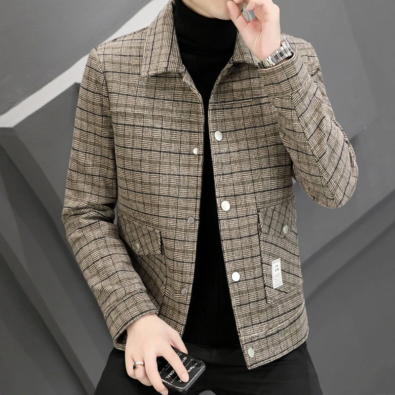休闲夹克男加棉加厚秋季高档翻领款毛呢外套男士格子商务帅气