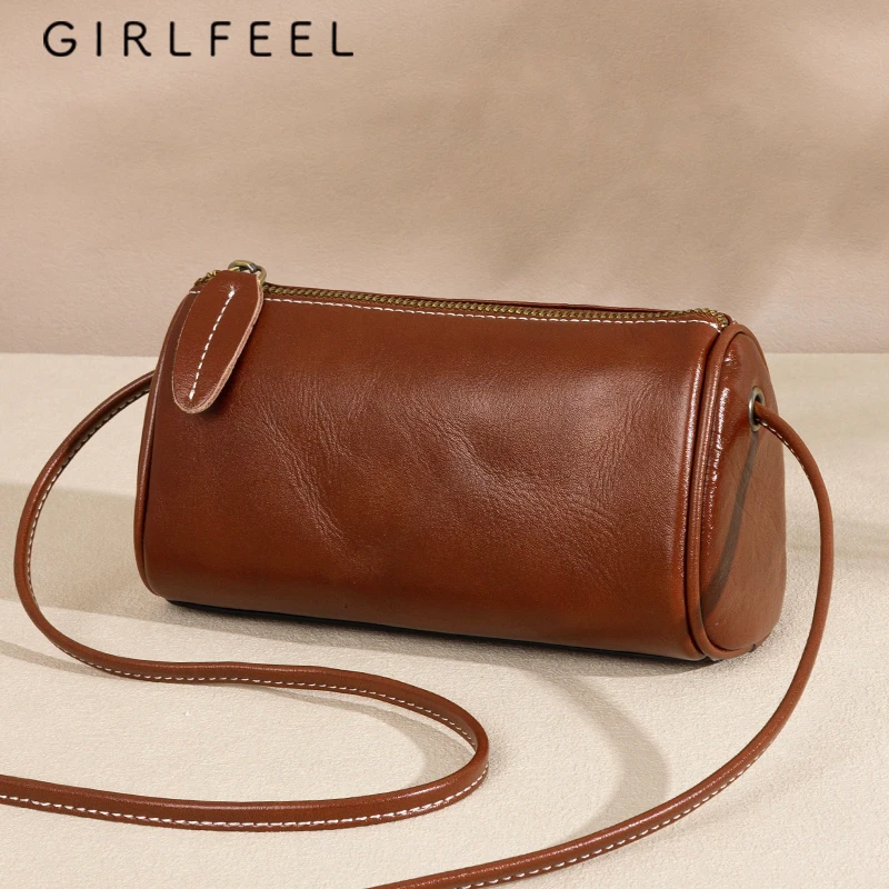 歌菲妮时尚休闲复古头层牛皮单肩斜挎女士简约潮流真皮圆筒水桶包