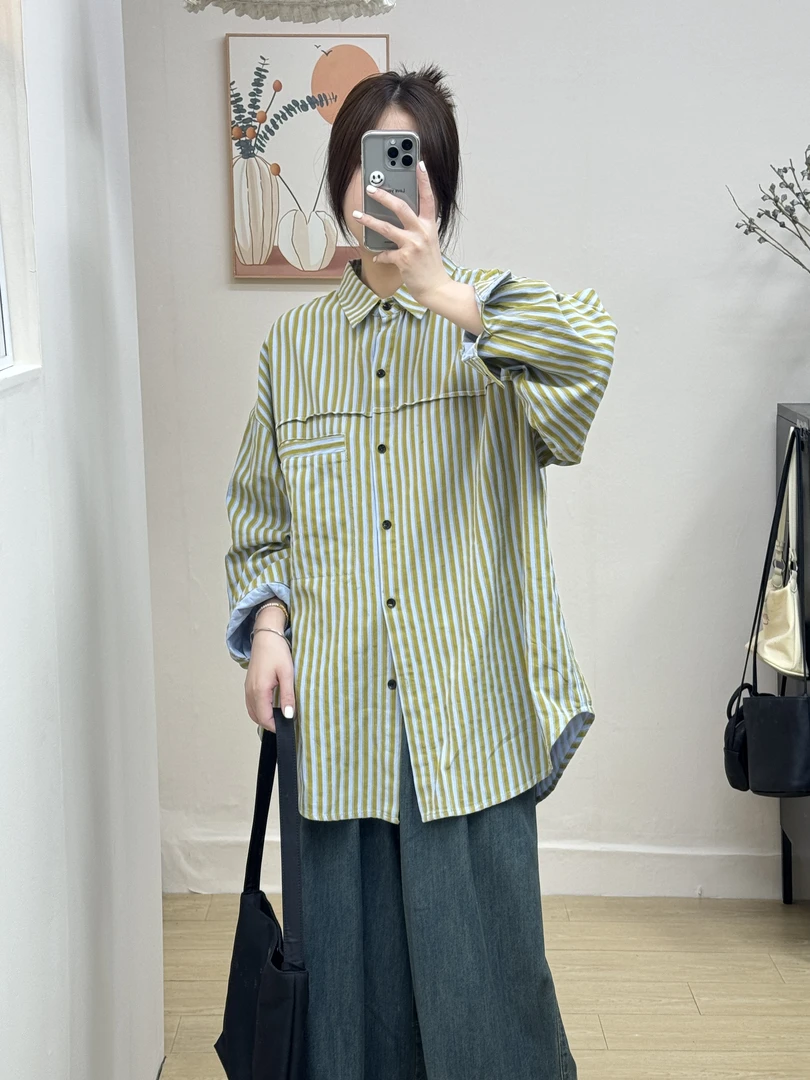 2024春秋条纹衬衫女宽松韩版显瘦薄款休闲百搭气质长袖打底衫上衣