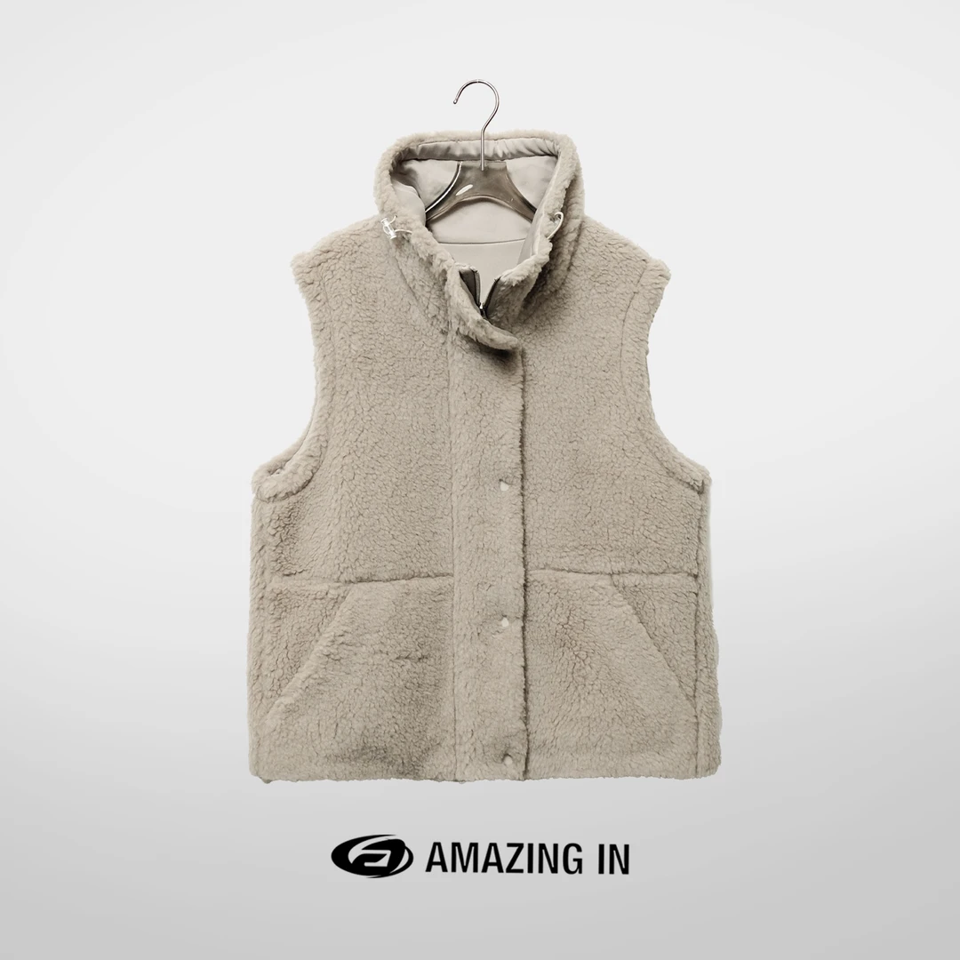 AMAZING IN 骆驼毛羊毛宽松立领泰迪马甲女A231226-LJ-LH-2023009