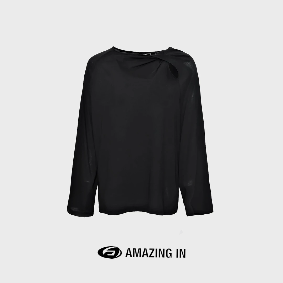 【破价】AMAZING IN 纯色简约镂空褶皱长袖T恤上衣女A23809-CD007