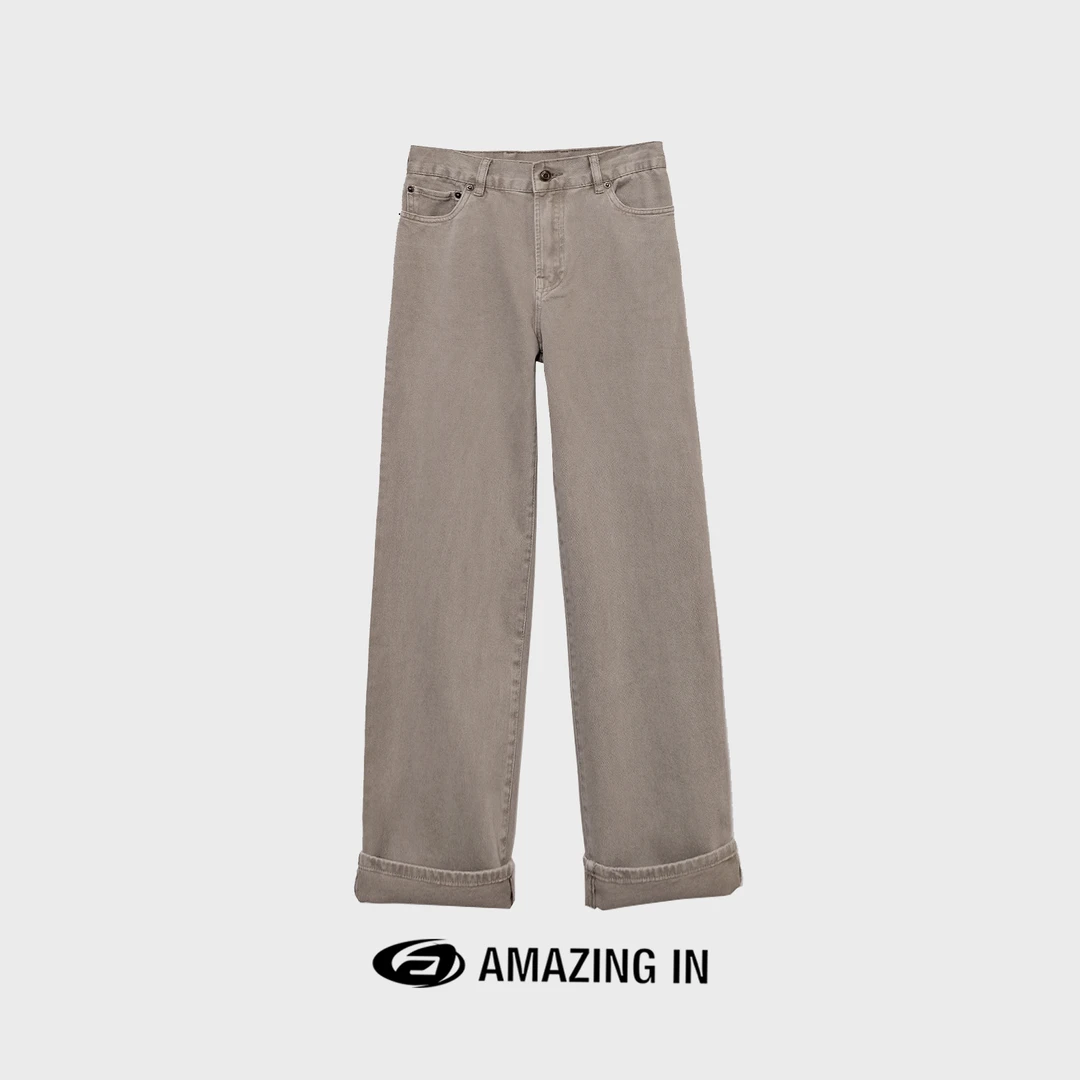 AMAZING IN 100棉新款染洗工艺纯色女士直筒牛仔长裤JYXY862