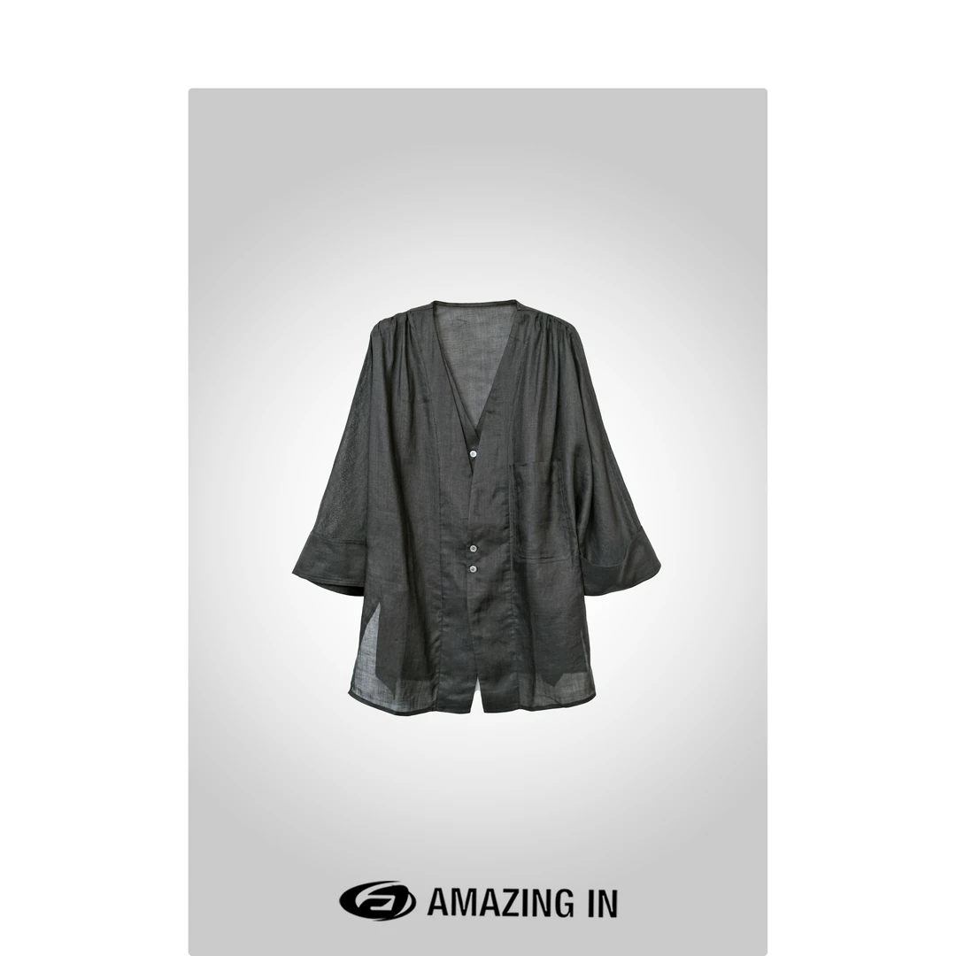 AMAZING IN ”南初“100苎麻休闲纯色V领衬衫 A240603-LJ-LH-2F356