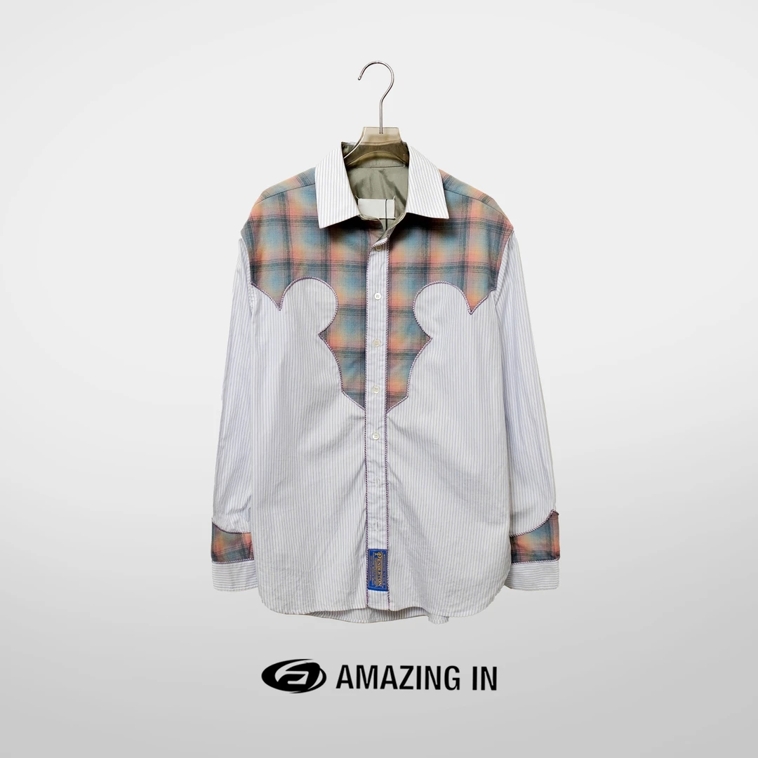 AMAZING IN 重工绣花衬衣撞布格宽松休闲显瘦衬衫 A231212-CD092