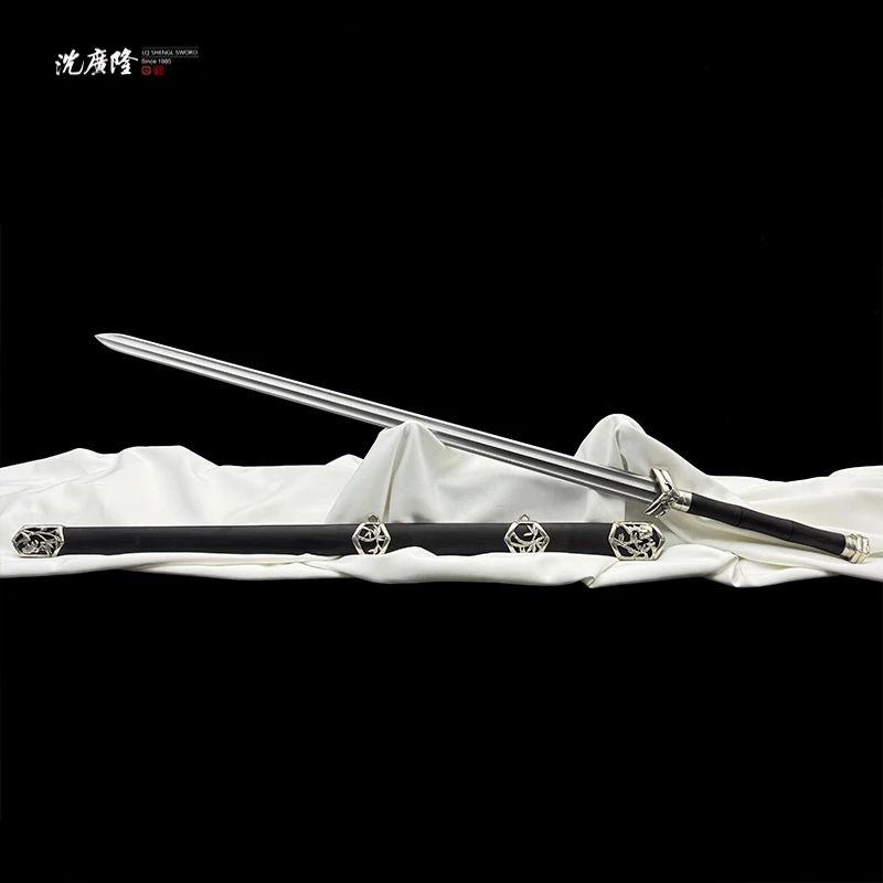 龙泉沈广隆-直刃黑金 聚福剑都白铜黑檀木 花纹钢、未开刃