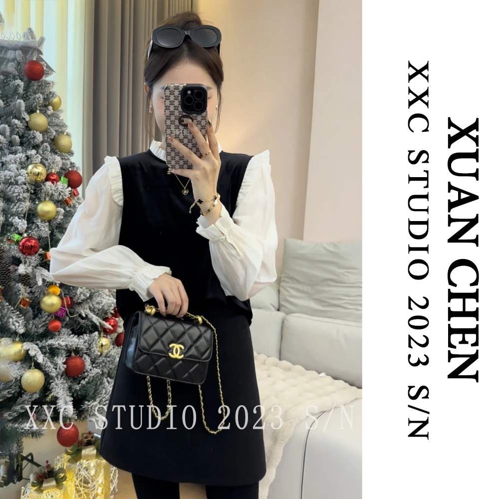 【法兰西】宝藏衣橱秋高级感丝绒拼接高档蕾丝假两件长袖上衣#1900