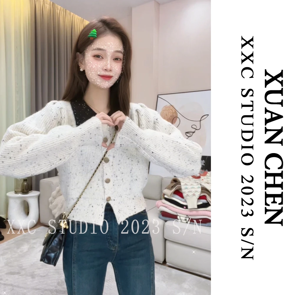 【星满窗】法式气质雪点小香风撞色单排扣针织开衫百搭毛衣#2228