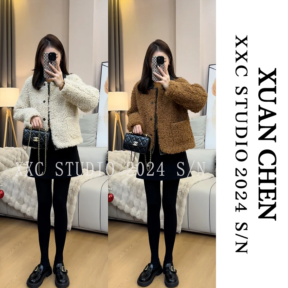 【瑞士卷】秋冬厚外套流行小香风撞色拼接牛仔流行羔毛外套#2506