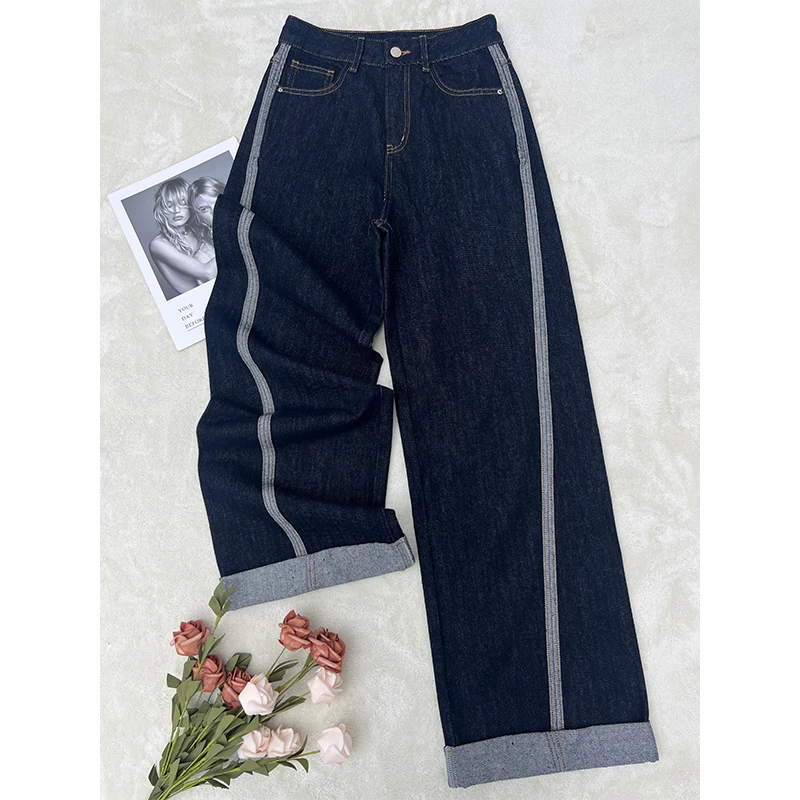 春夏丹宁蓝翻边裤脚独特侧缝牛仔裤女高腰收腹藏肉显瘦直筒阔腿裤