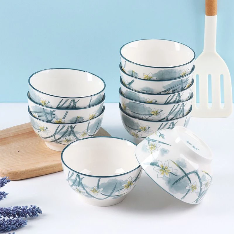 水仙花5英寸碗10个装陶瓷釉下彩国风田园风米饭碗