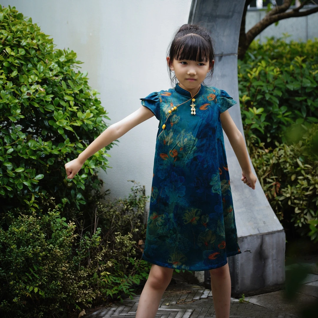 (卓苗)儿童夏季香云纱连衣裙母女中国风桑蚕丝裙子亲子花萝旗袍