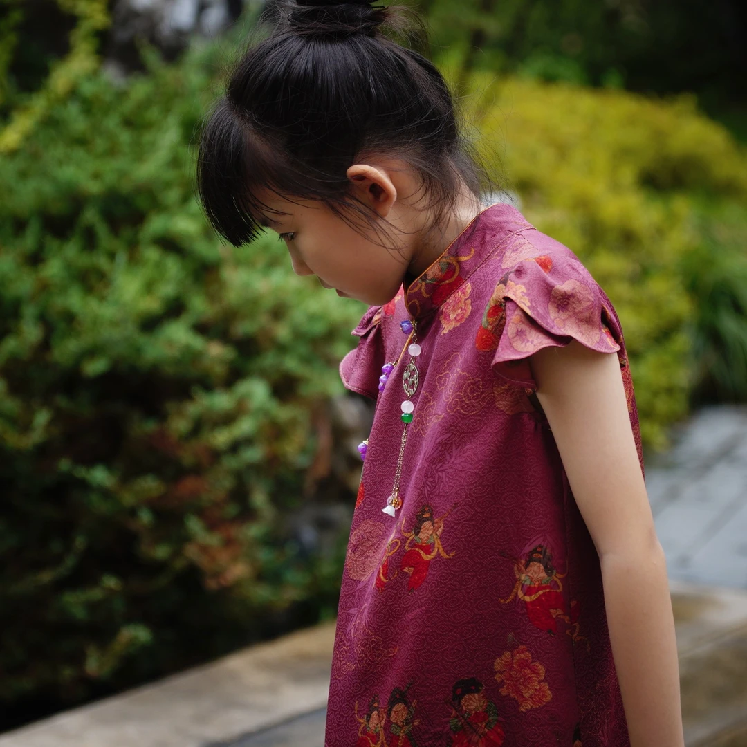 卓苗儿童香云纱莨纱连衣裙女童小唐人桑蚕丝国风旗袍裙子