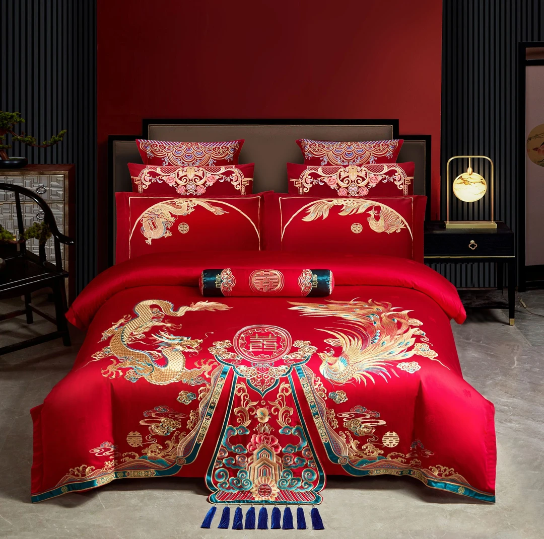 【皇家龙凤】婚庆绣花四件套结婚中式床品婚房大红色喜庆喜被婚用