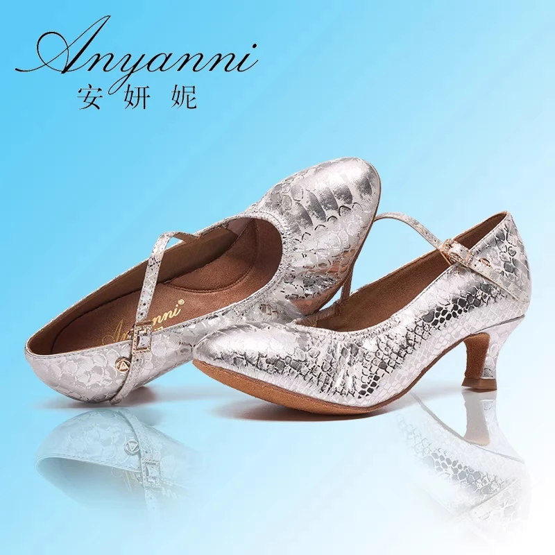 安妍妮摩登舞鞋羊皮中跟高跟华尔兹女成人真皮银色羊皮时尚舞蹈鞋