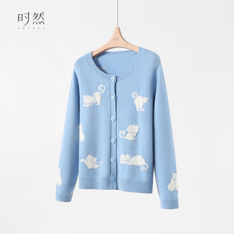 时然微胖大码女装显瘦高级新款百搭休闲可爱卡通针织衫S4DZ0A004