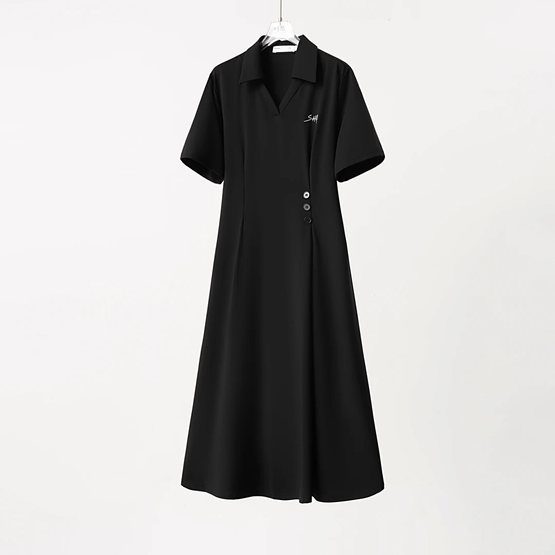 时然微胖大码女装胖妹妹显瘦遮肚纯色休闲女装连衣裙S3XL4B008