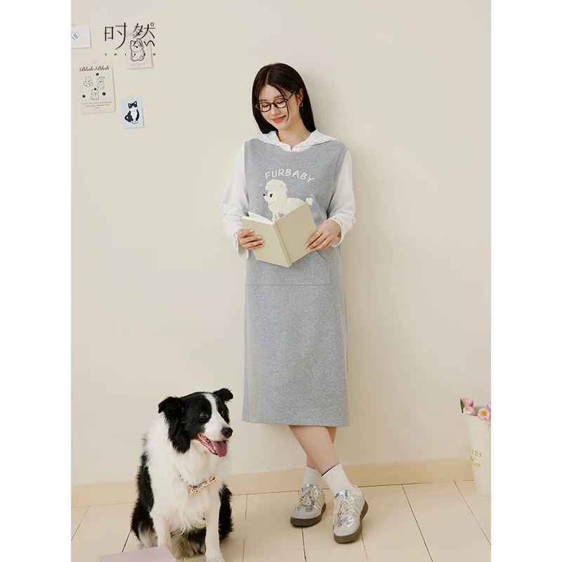 时然微胖大码女装百搭遮肉宽松毛巾绣可爱小狗连衣裙S4QL8B001
