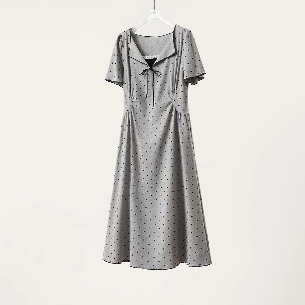 时然大码女装V领波点连衣裙春夏新款百搭收腰显瘦长裙洋气裙子女