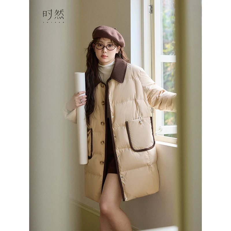 时然微胖大码女装冬季新款保暖羽绒服百搭韩系撞色翻领外套女上衣