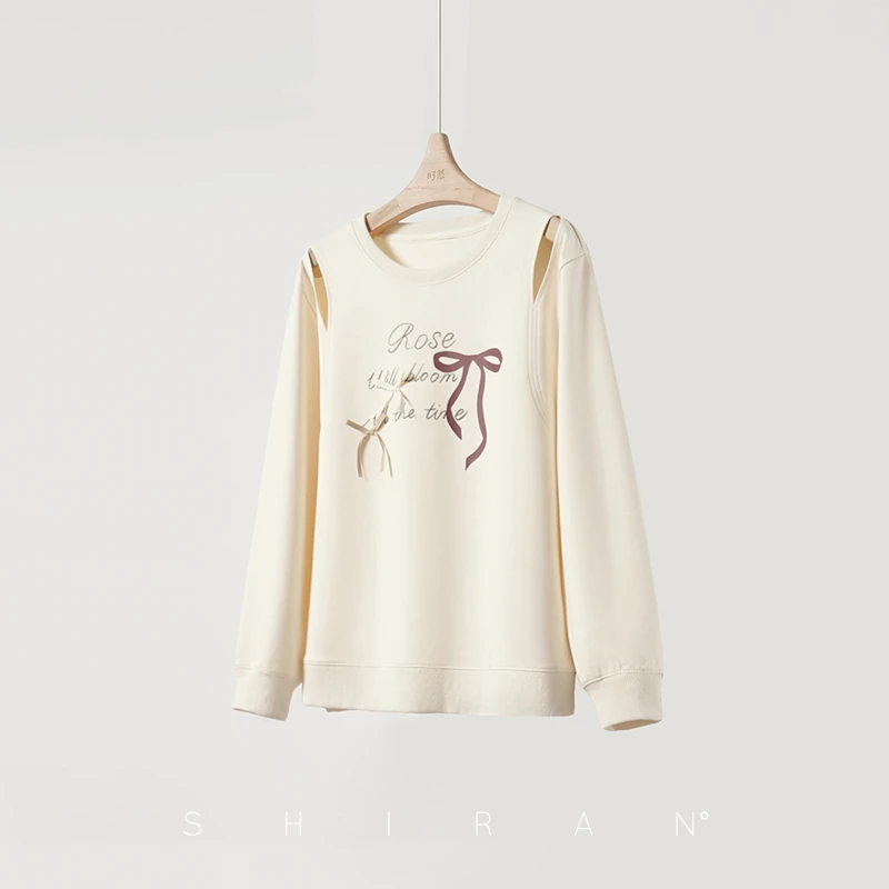 时然微胖大码女装宽松韩系慵懒风遮肉印花露肩百搭卫衣S4QH0A001