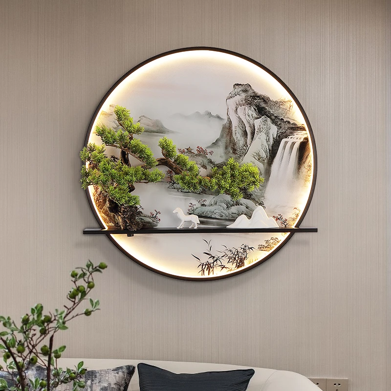 高级感新中式壁灯茶室走廊装饰画国风沙发背景墙壁灯圆形壁画灯