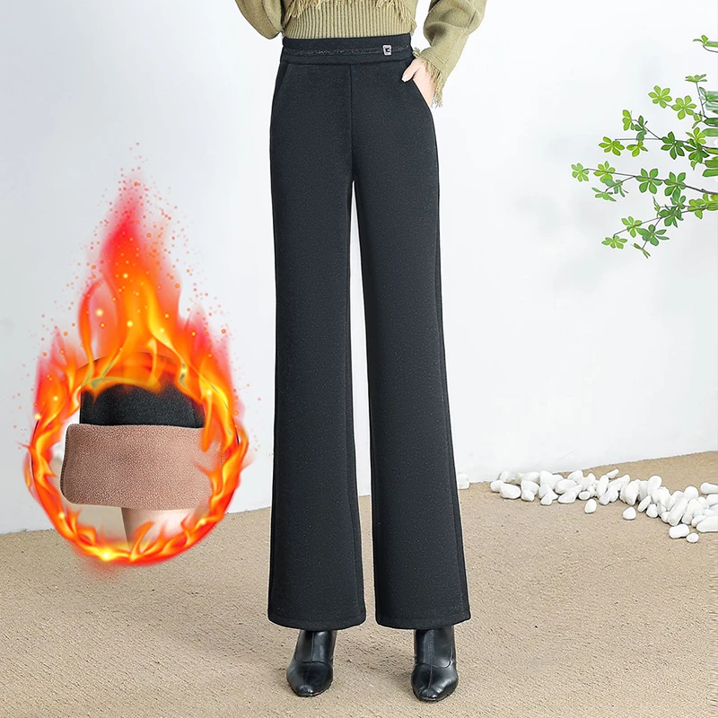 2024年冬季加绒显瘦喇叭裤高腰直筒微喇裤女士长裤休闲女裤冬季