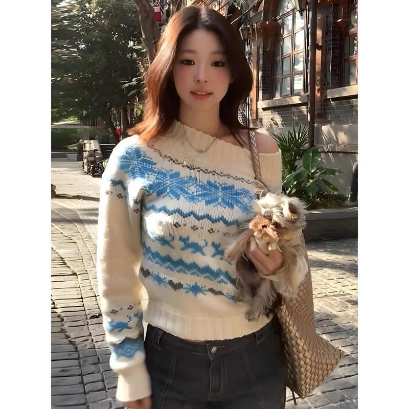 费尔岛蓝色一字肩毛衣女装秋冬装慵懒风小众设计感针织衫显瘦上衣