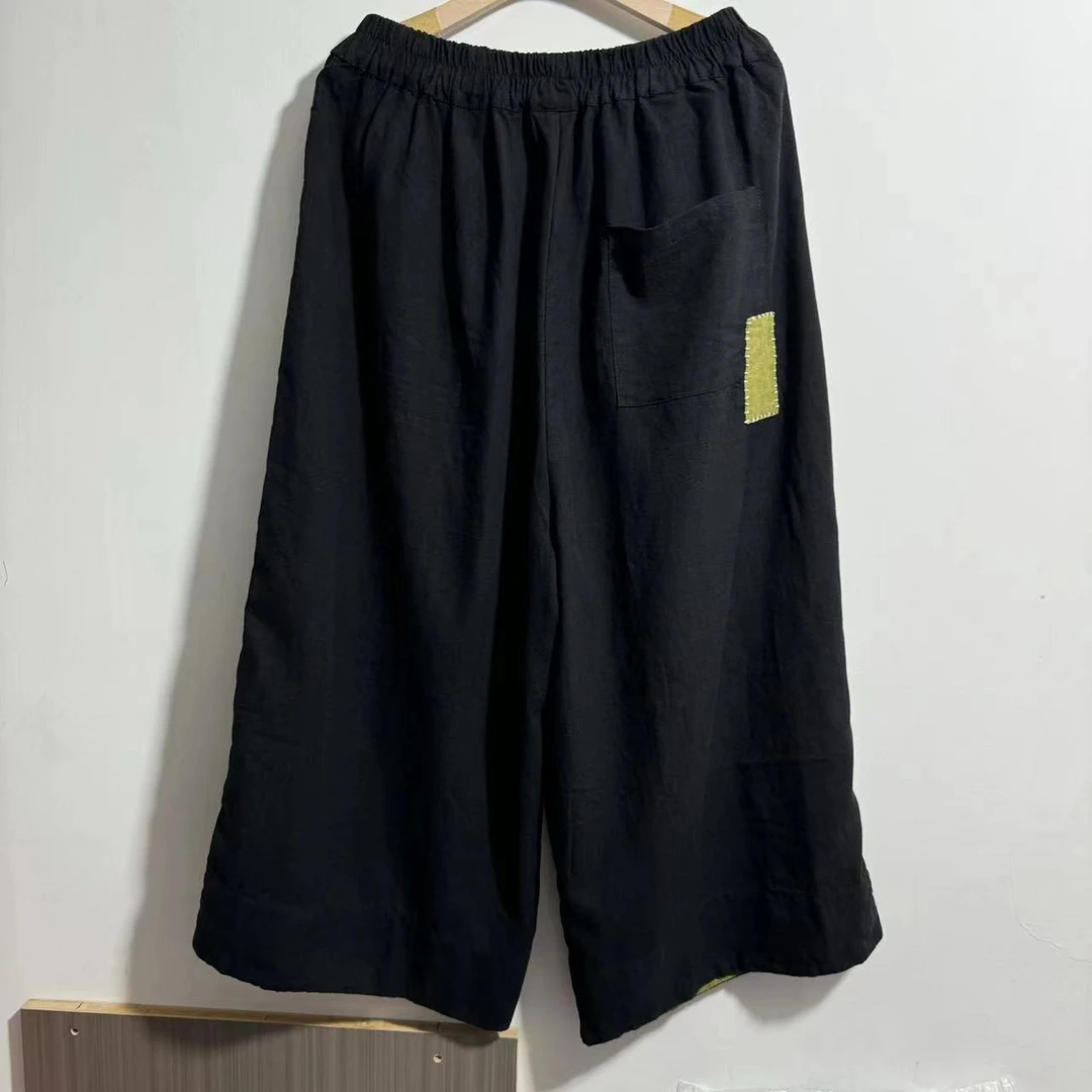 亚麻撞色秋款宽松百搭休闲阔腿裤女八分腰围65-118臀围138长81-83