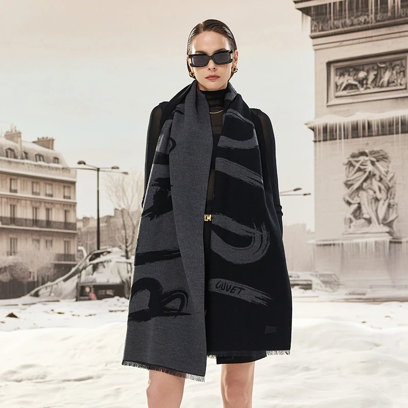 高梵品牌官方厚款披肩撞色高级定制含羊毛围巾GZ324102