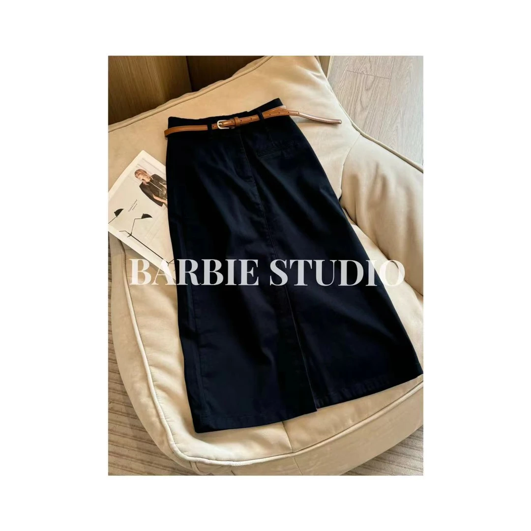 Barbie Siyu【极简裙】新款时髦纯色开叉百搭半身裙80235