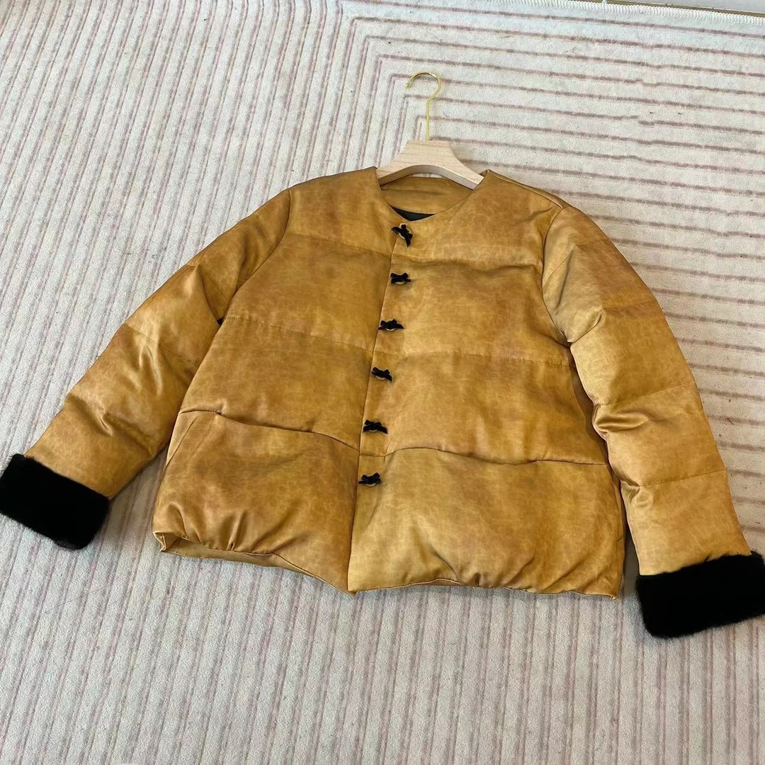 Barbie【薇薇推荐】6871 冬季新中式复古提花黄色羽绒服外套保暖