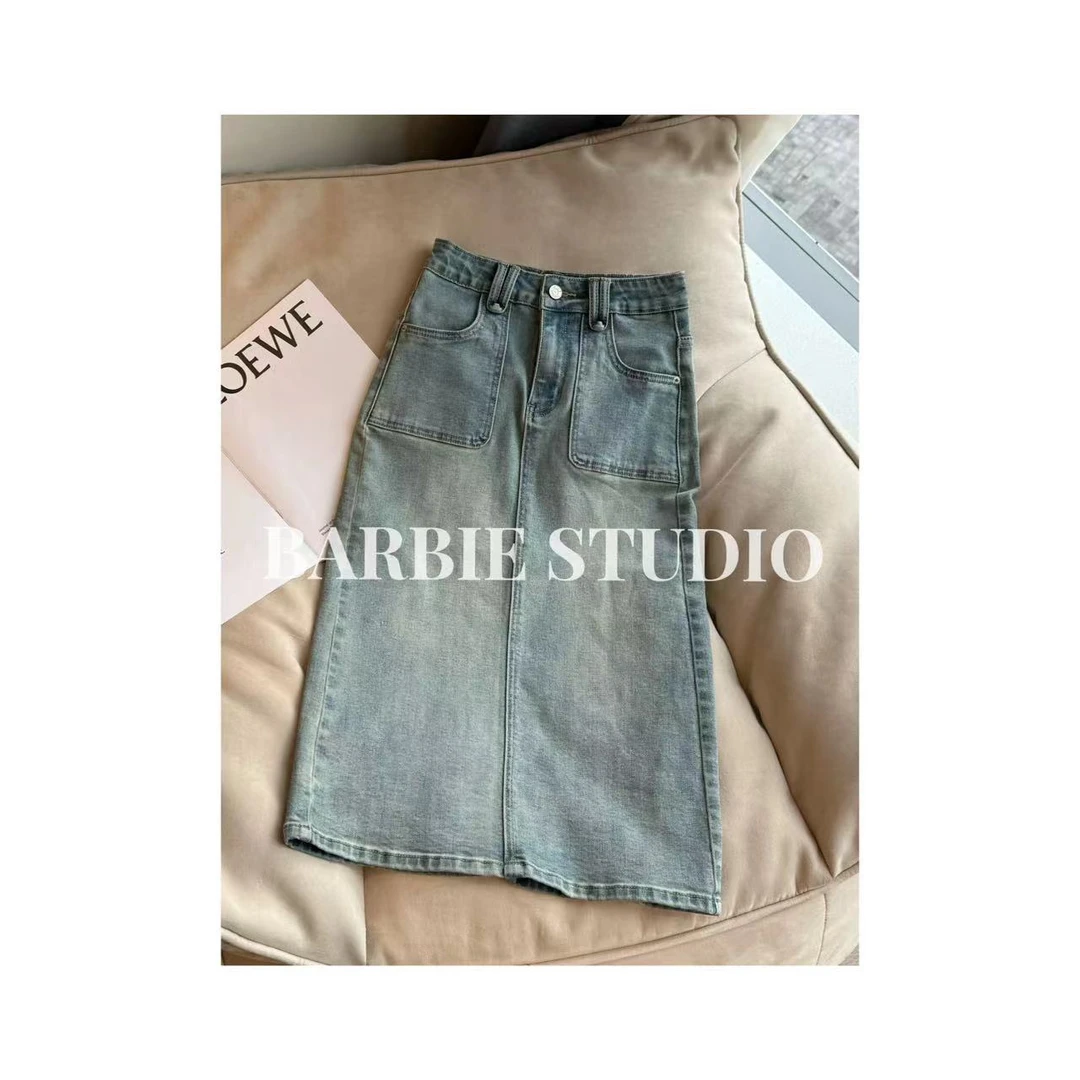 Barbie Siyu【风情万种】夏季后开叉百搭中长牛仔半身裙G8086