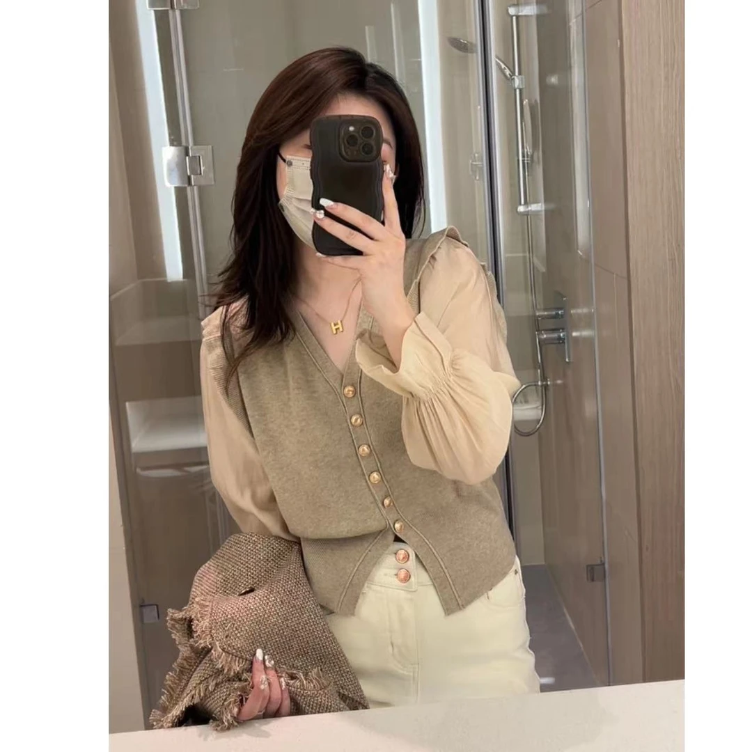 【小虎牙推荐】33653 秋季v领拼接袖百搭小香风气质长袖上衣时尚